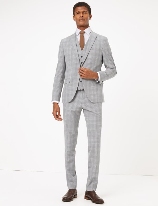 Grey Checked Skinny Fit 3 Piece Suit