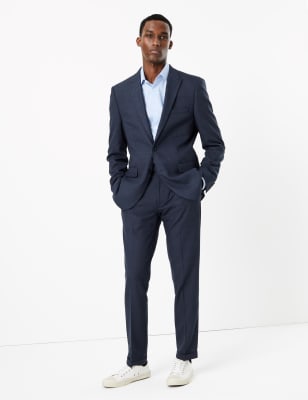 Costume bleu coupe tr&egrave;s ajust&eacute;e en tissu extensible &agrave; motif textur&eacute;