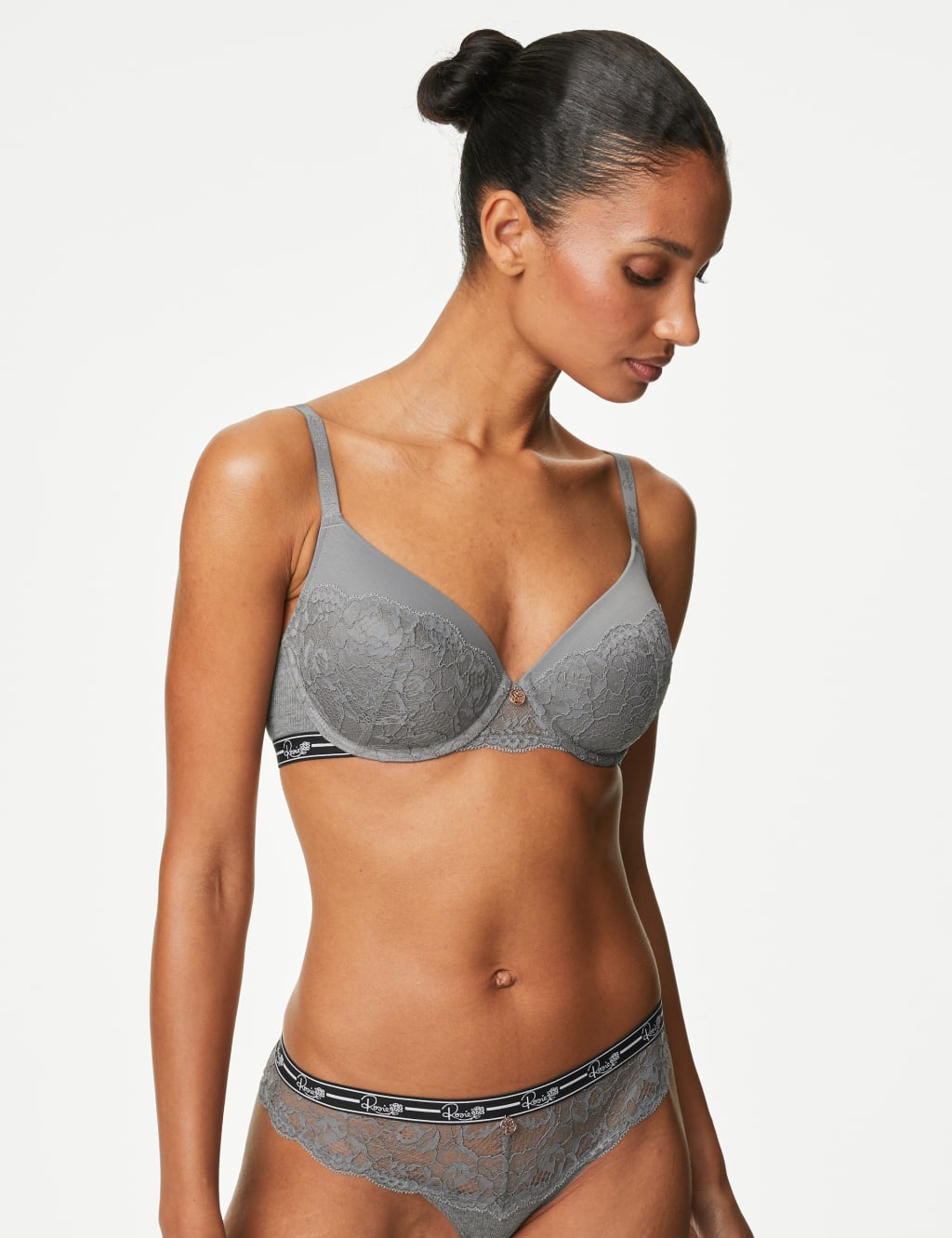 Ribbed & Lace Wired Full Cup Bra Set A-E image 3