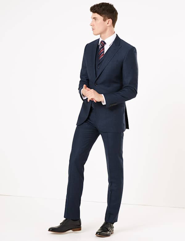 Blue Tailored Fit Wool 3 Piece Suit