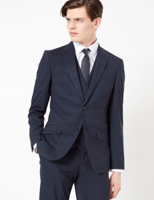 Costume 3&nbsp;pi&egrave;ces bleu coupe cintr&eacute;e &agrave; carreaux