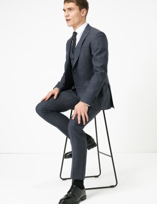 Costume 3&nbsp;pi&egrave;ces bleu coupe cintr&eacute;e en laine &agrave; carreaux