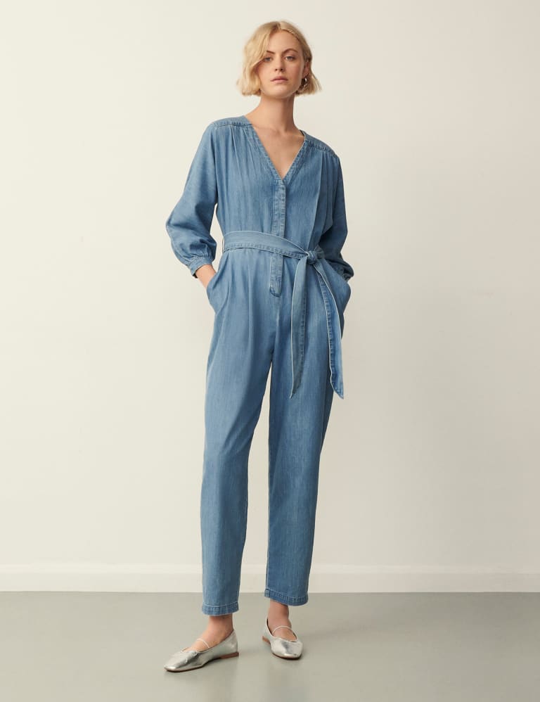 Denim Belted 3 4 Sleeve Jumpsuit