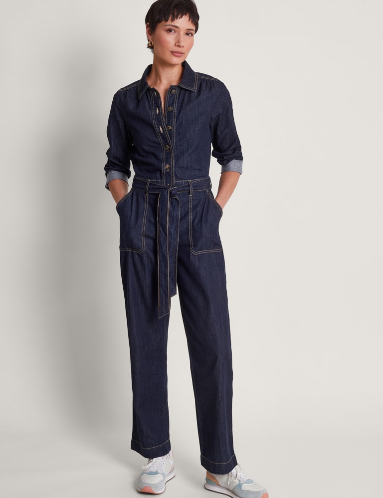 Denim Belted Long Sleeve Jumpsuit 1 of 5