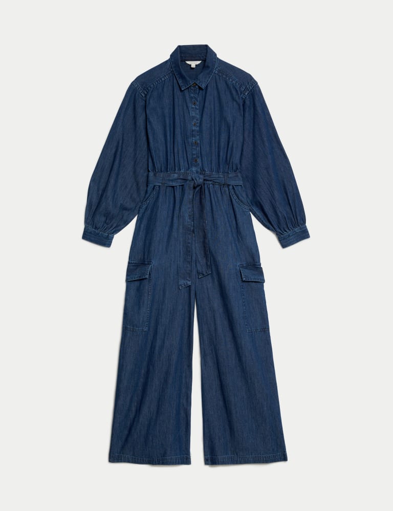 Denim Belted Long Sleeve Wide Leg Jumpsuit 2 of 5