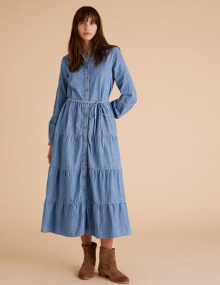 Denim Belted Midaxi Tiered Shirt Dress Image 3 of 7