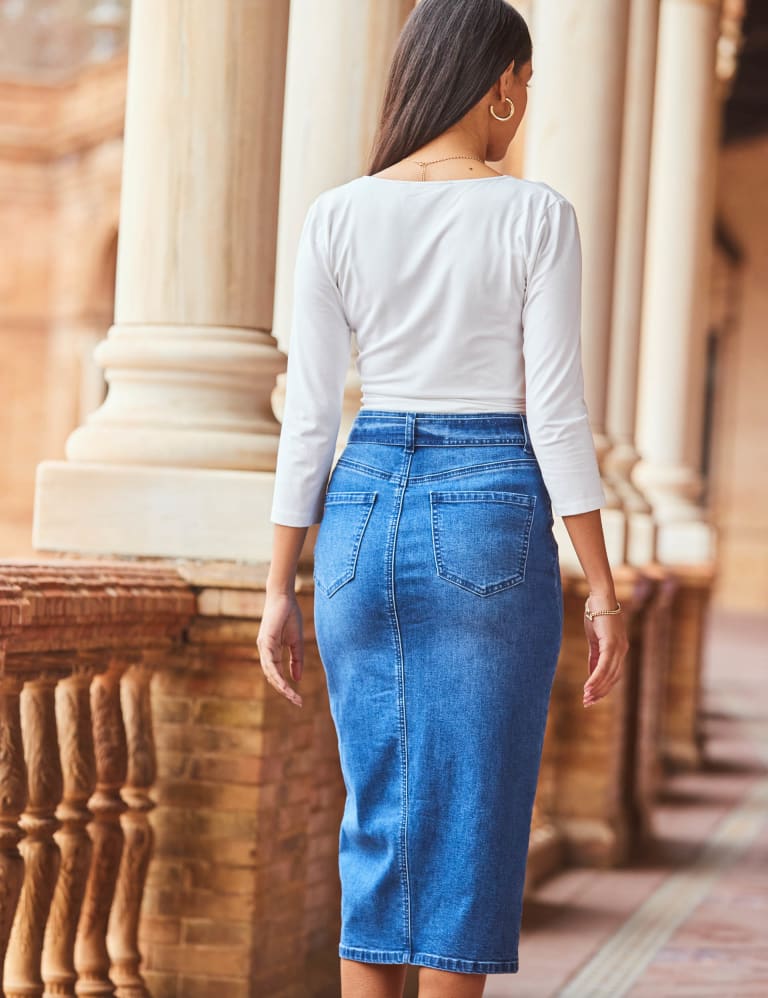 Denim Belted Midi Pencil Skirt 2 of 4