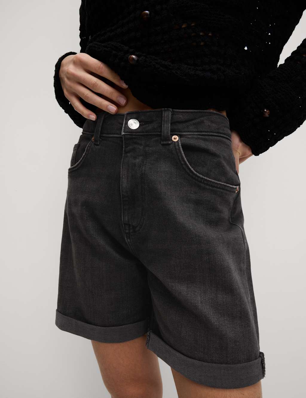 Black long denim shorts sale