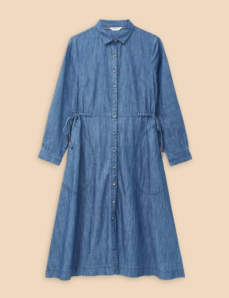 Denim Button Front Midi Shirt Dress 2 of 6