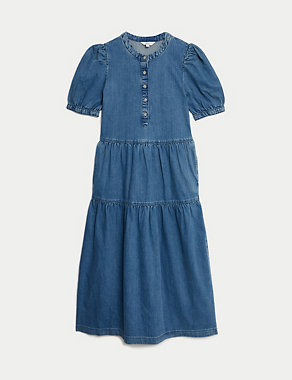 Denim Button Front Midi Tiered Dress Image 2 of 6