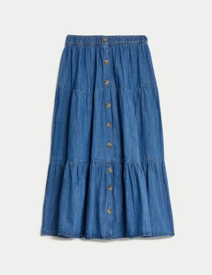 Denim Button Front Midi Tiered Skirt Image 2 of 5