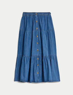 Denim Button Front Midi Tiered Skirt Image 2 of 5