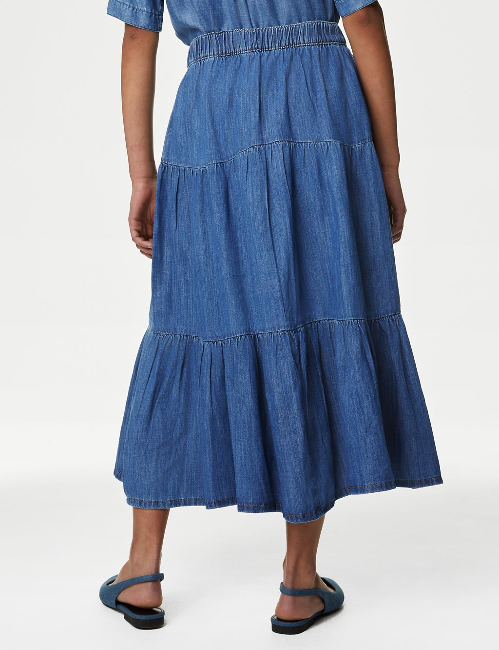 Denim Button Front Midi Tiered Skirt 5 of 5