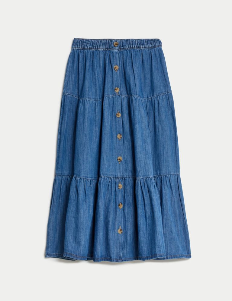 Denim Button Front Midi Tiered Skirt 2 of 5