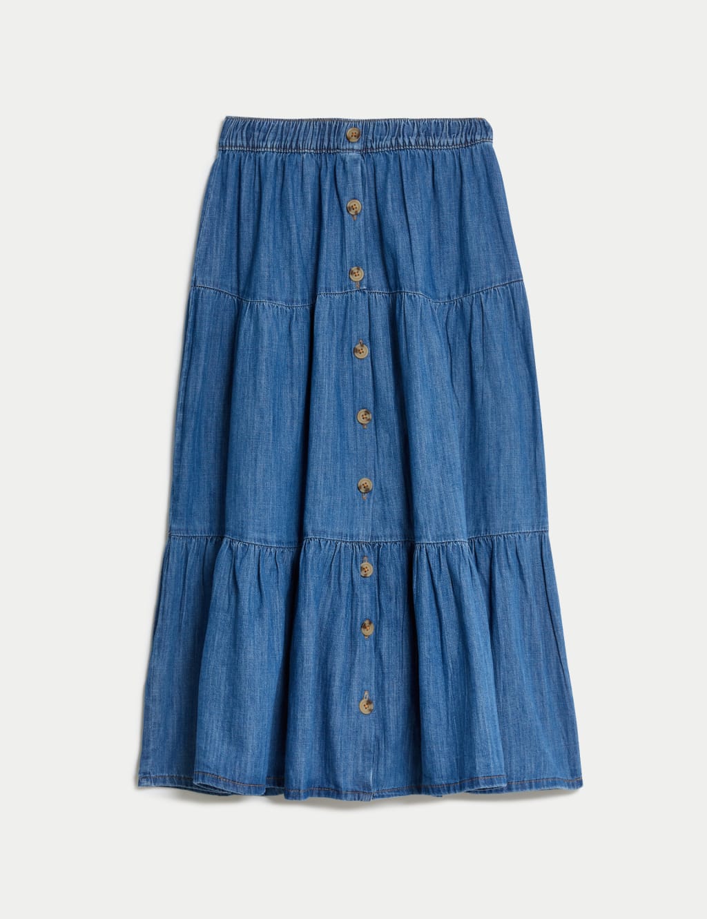 Denim Button Front Midi Tiered Skirt 1 of 5