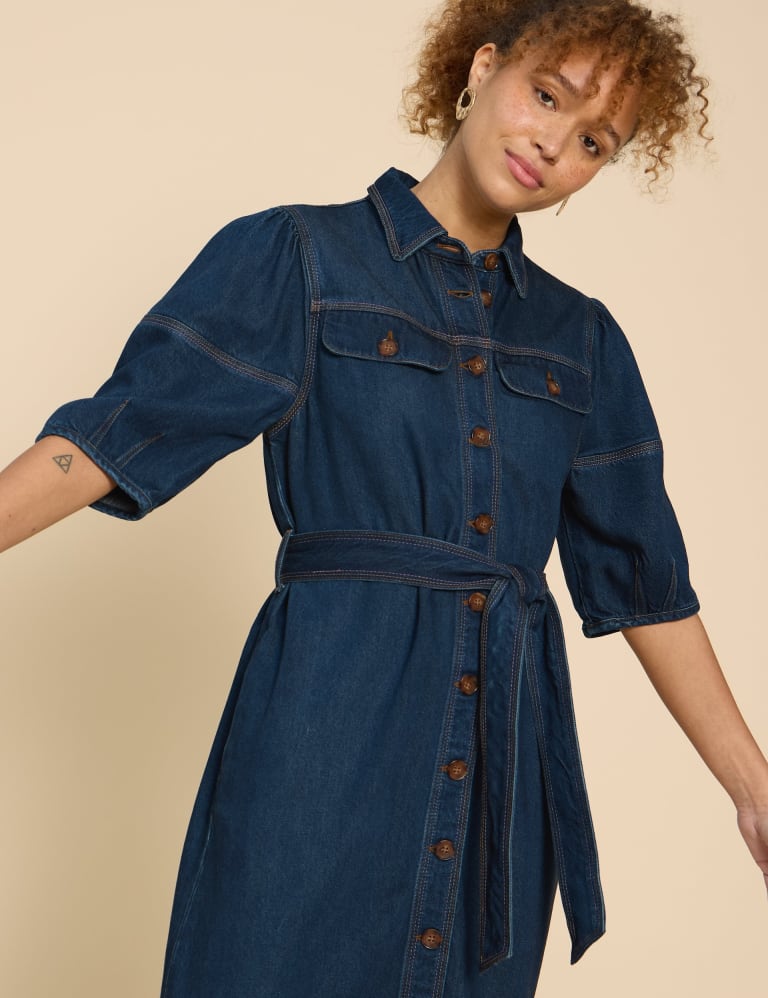 Denim Collared Belted Midi Tea Dress 4 of 7