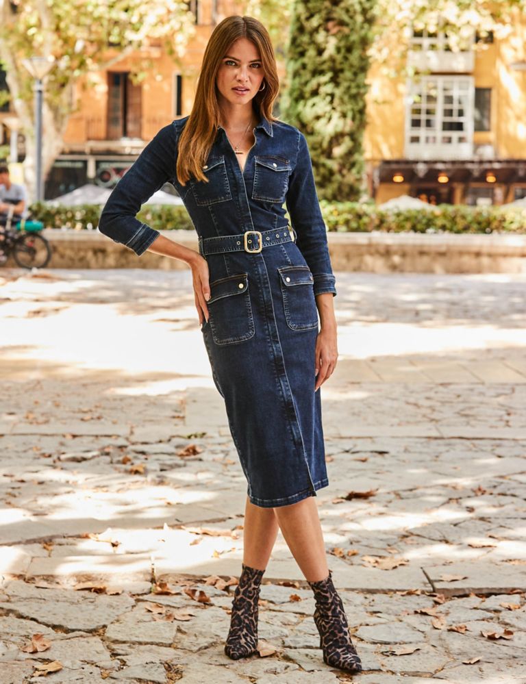Denim Collared Belted Midi Utility Dress 2 of 3