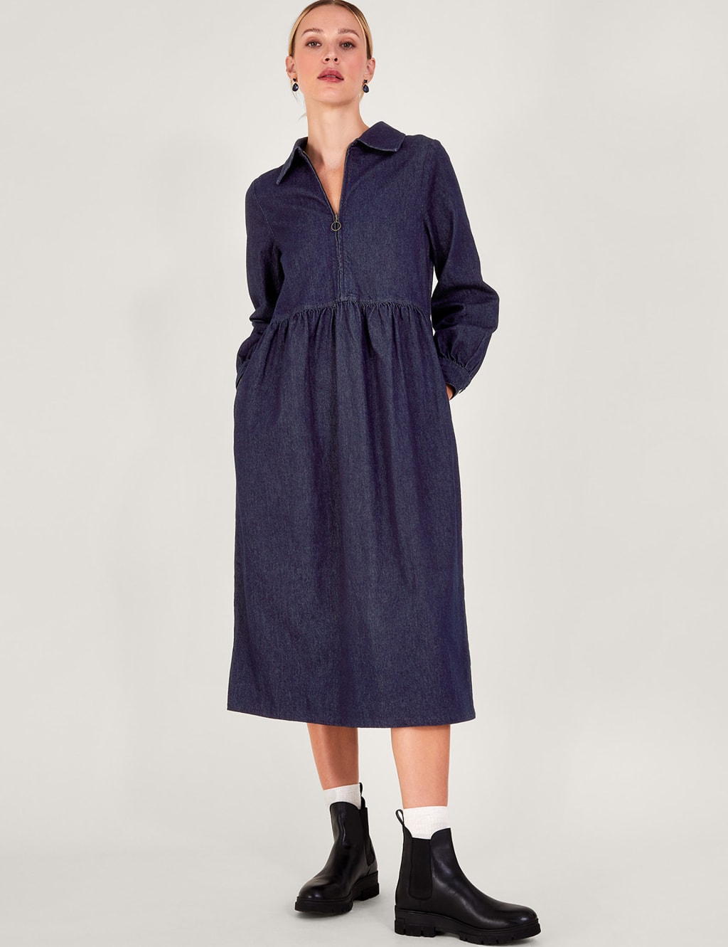 Denim Collared Midi Shirt Dress 3 of 5