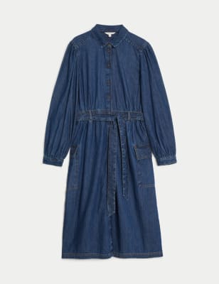 Denim Collared Midi Utility Shirt Dress Image 2 of 5