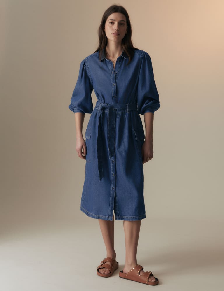 Denim Collared Midi Utility Shirt Dress 3 of 5