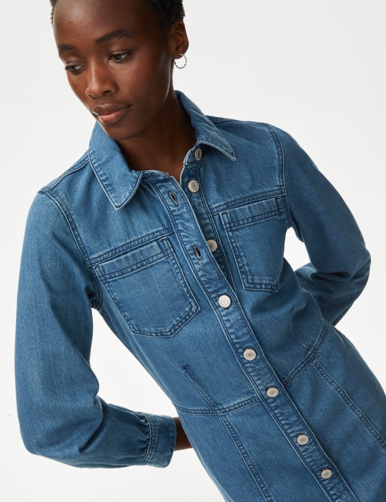 Denim Collared Mini Shirt Dress 1 of 4