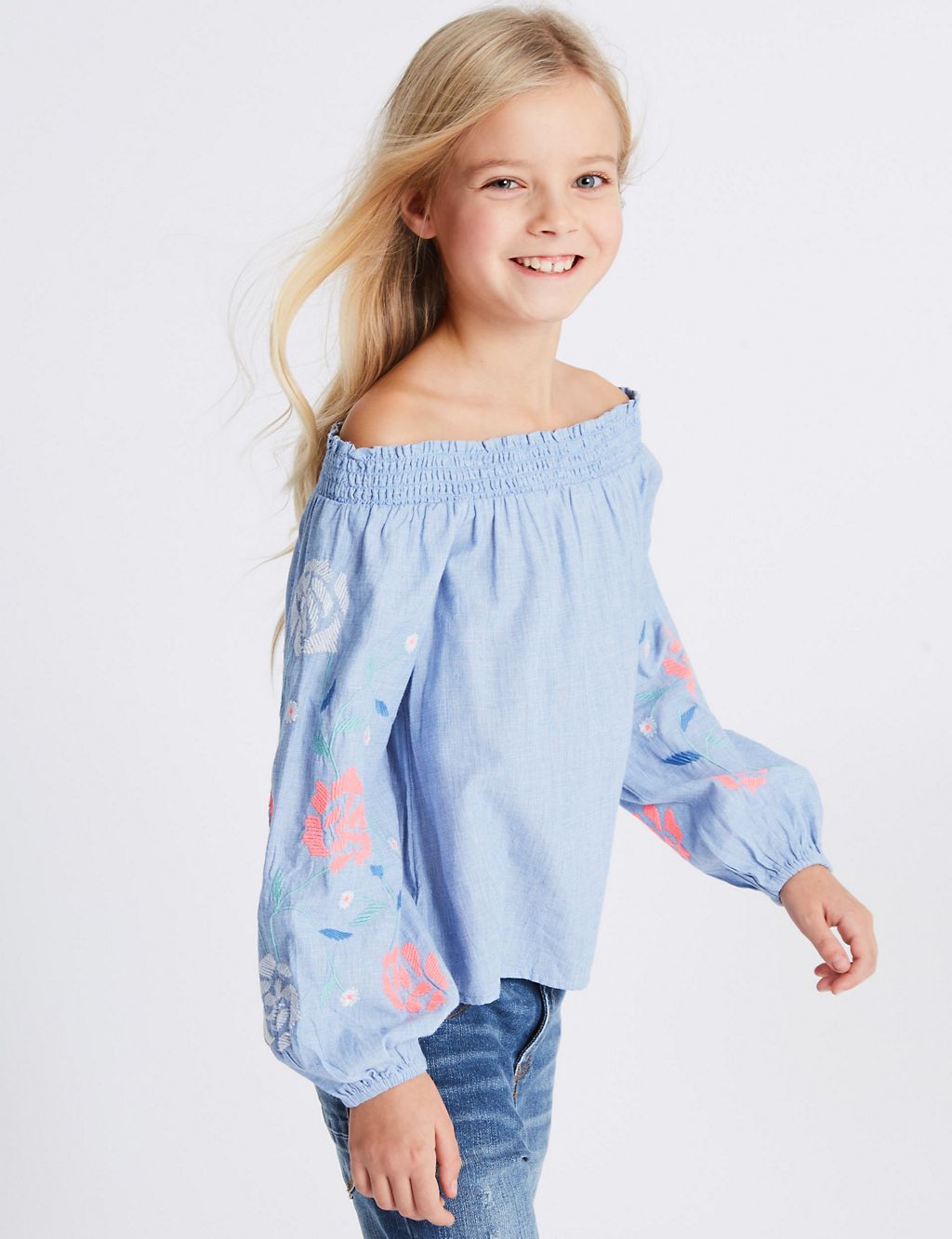 Denim Embroidered Bardot Top (3-16 Years) 3 of 5