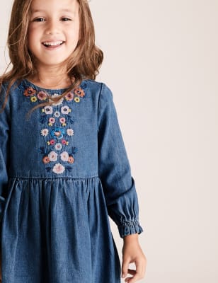 denim dress with embroidered flowers