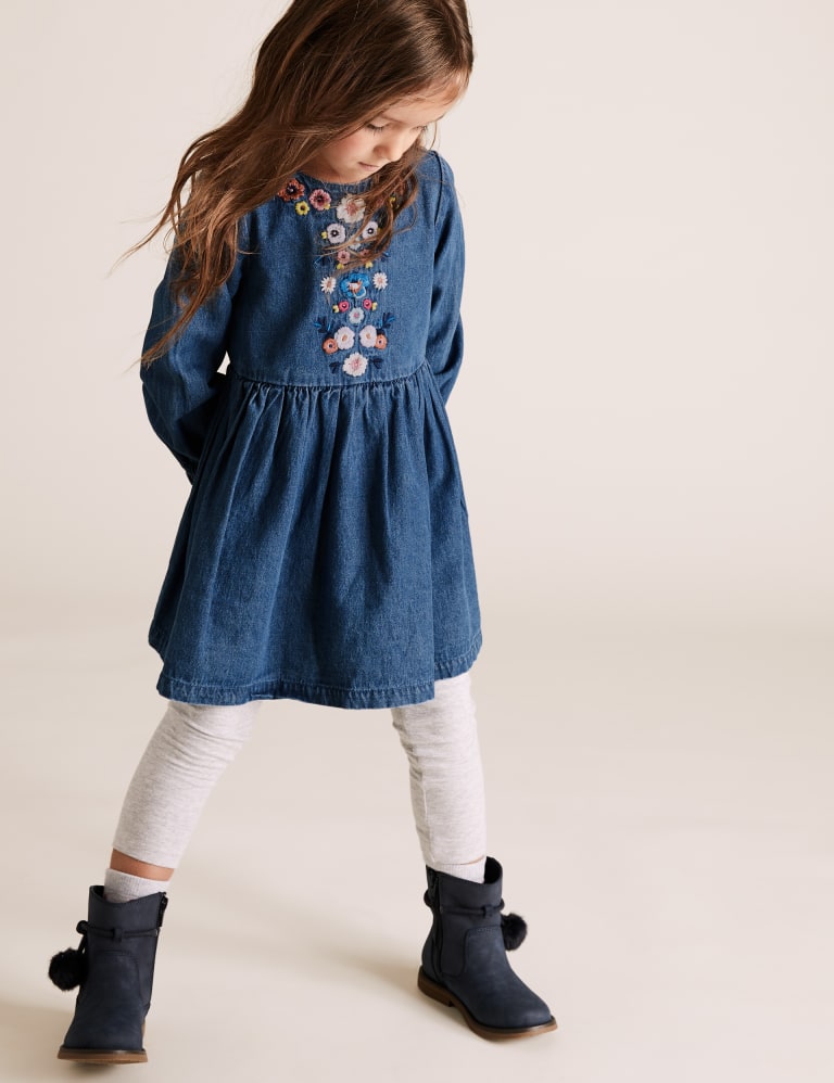 Denim Floral Embroidered Dress (2-7 Yrs) 1 of 4