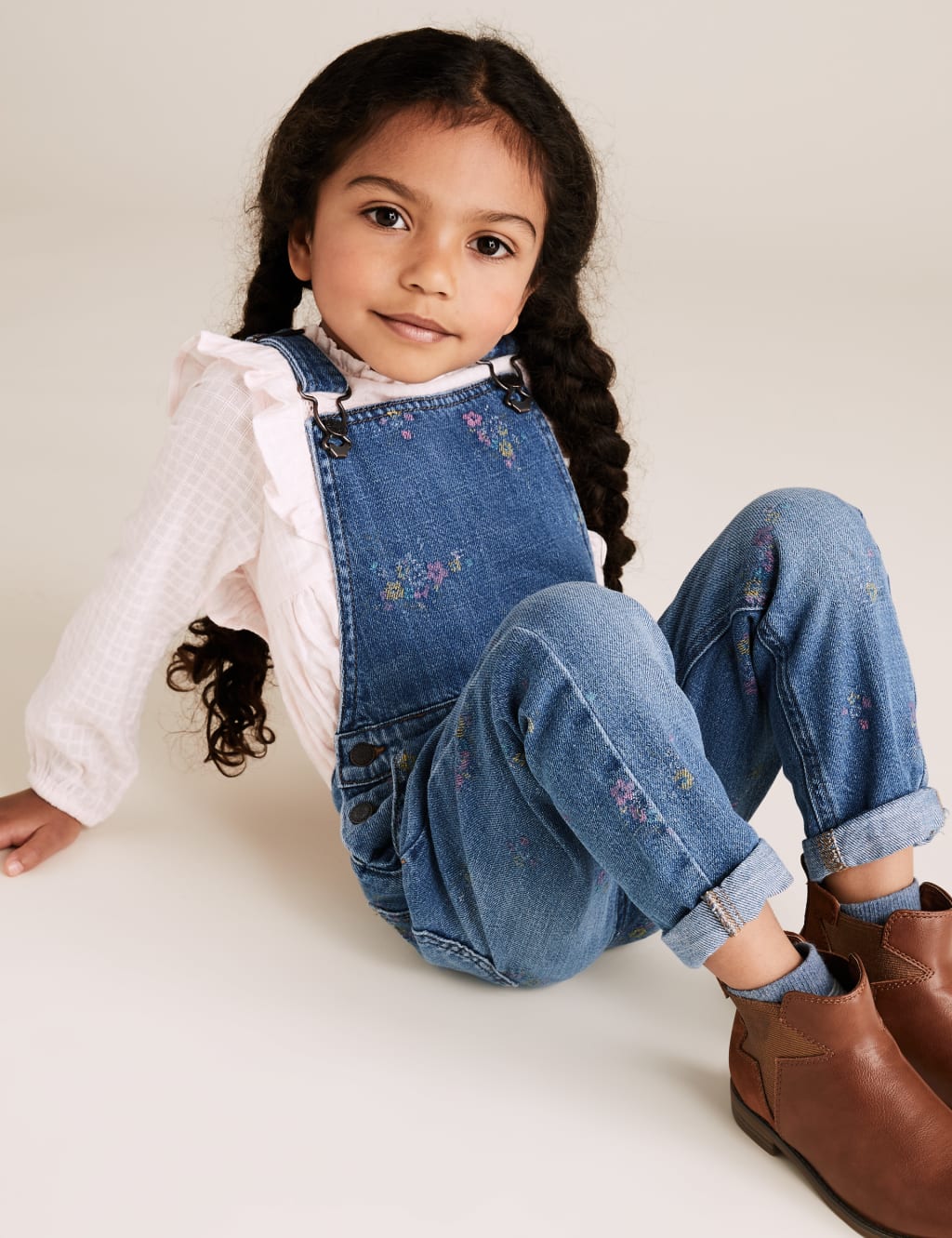 Girls Beige Regular Fit Rayon Print Dungaree