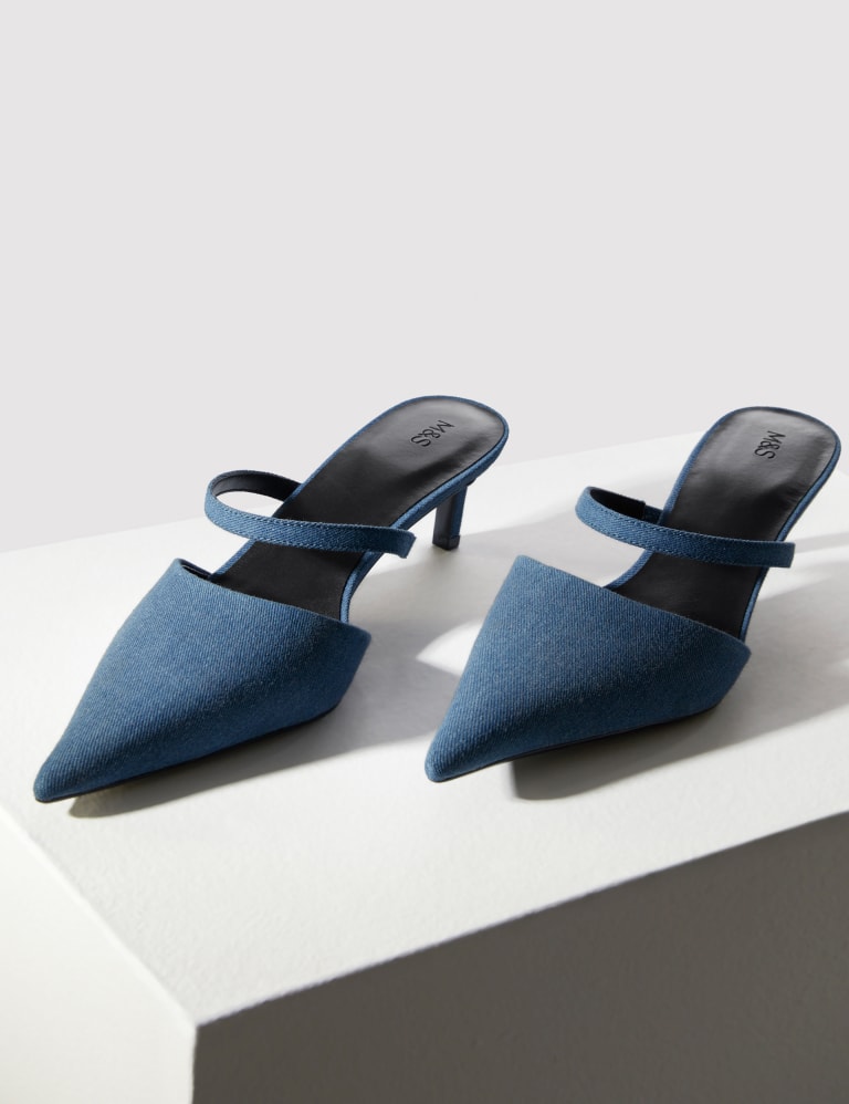 Denim Kitten Heel Pointed Mules 1 of 3