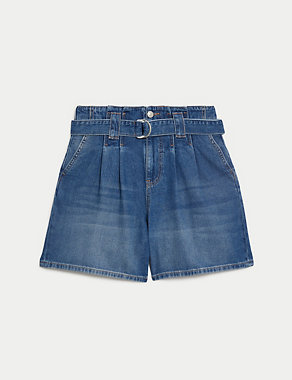 Denim Pleat Front Belted Shorts Image 2 of 5