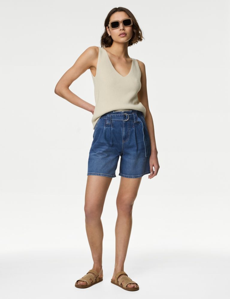 Denim Pleat Front Belted Shorts 3 of 5