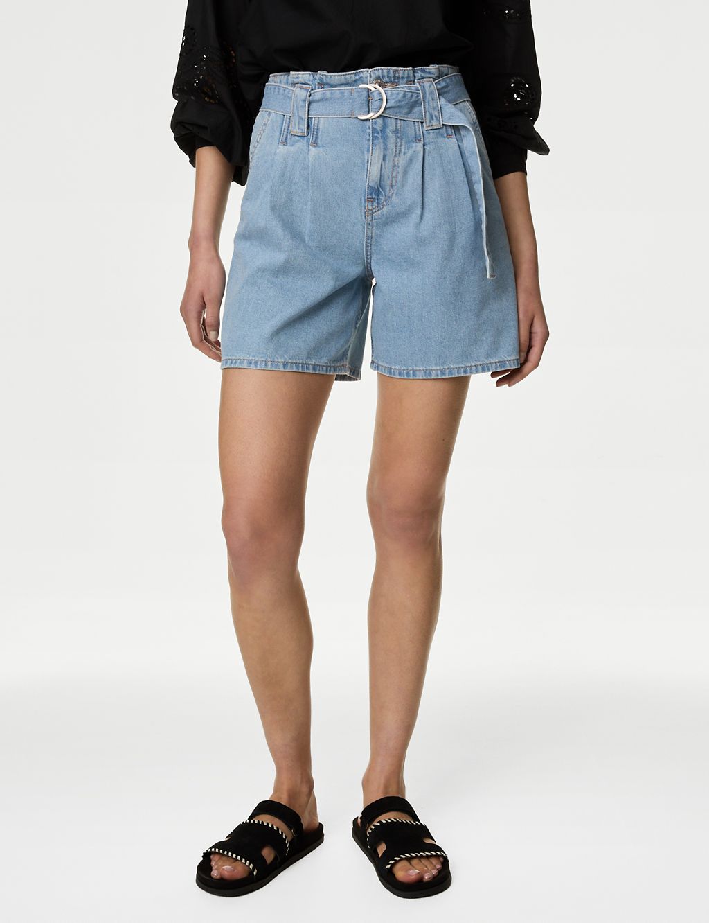 Denim Pleat Front Belted Shorts 2 of 5