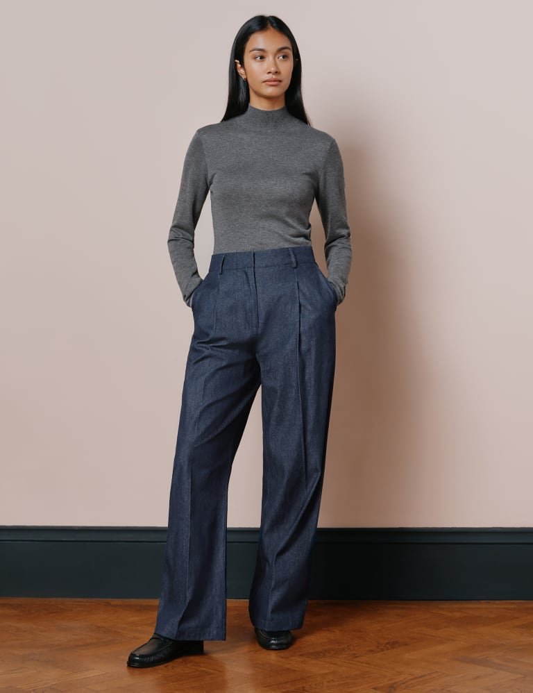 Denim Pleat Front Wide Leg Trousers 1 of 4