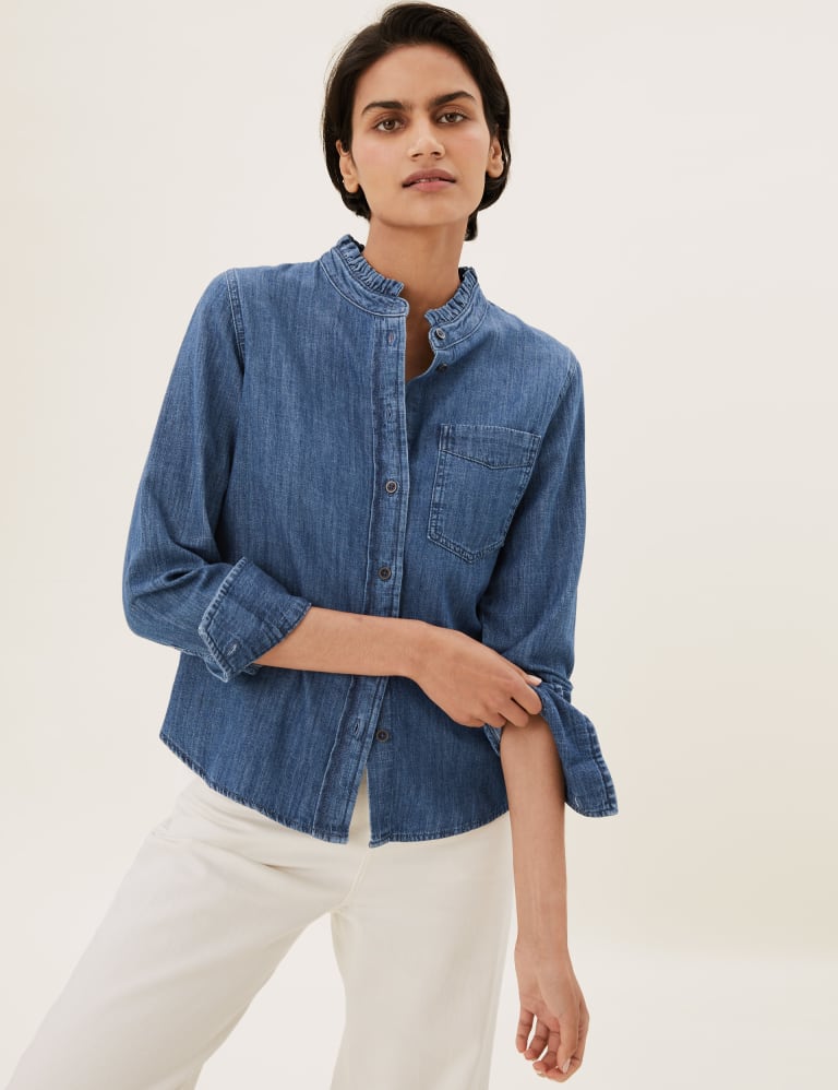 Collarless denim shirt womens hotsell