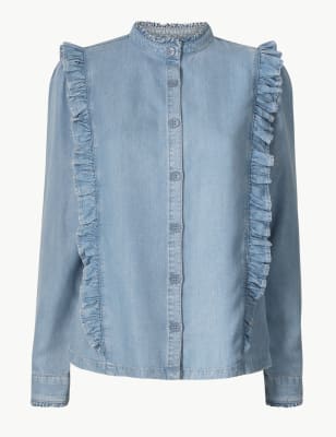 denim ruffle shirt