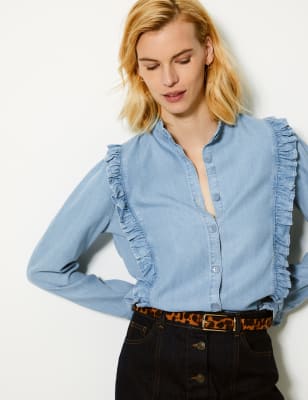 womens denim ruffle shirt