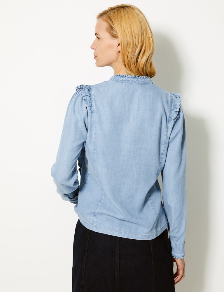 Organic cotton denim shirt with ruffled victorian collar and long