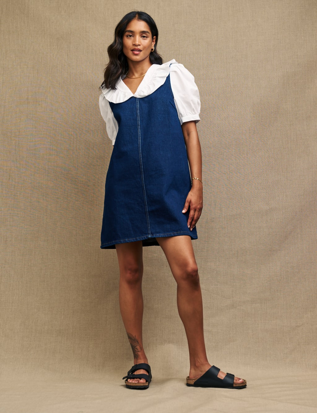 Denim mini shop dress outfit