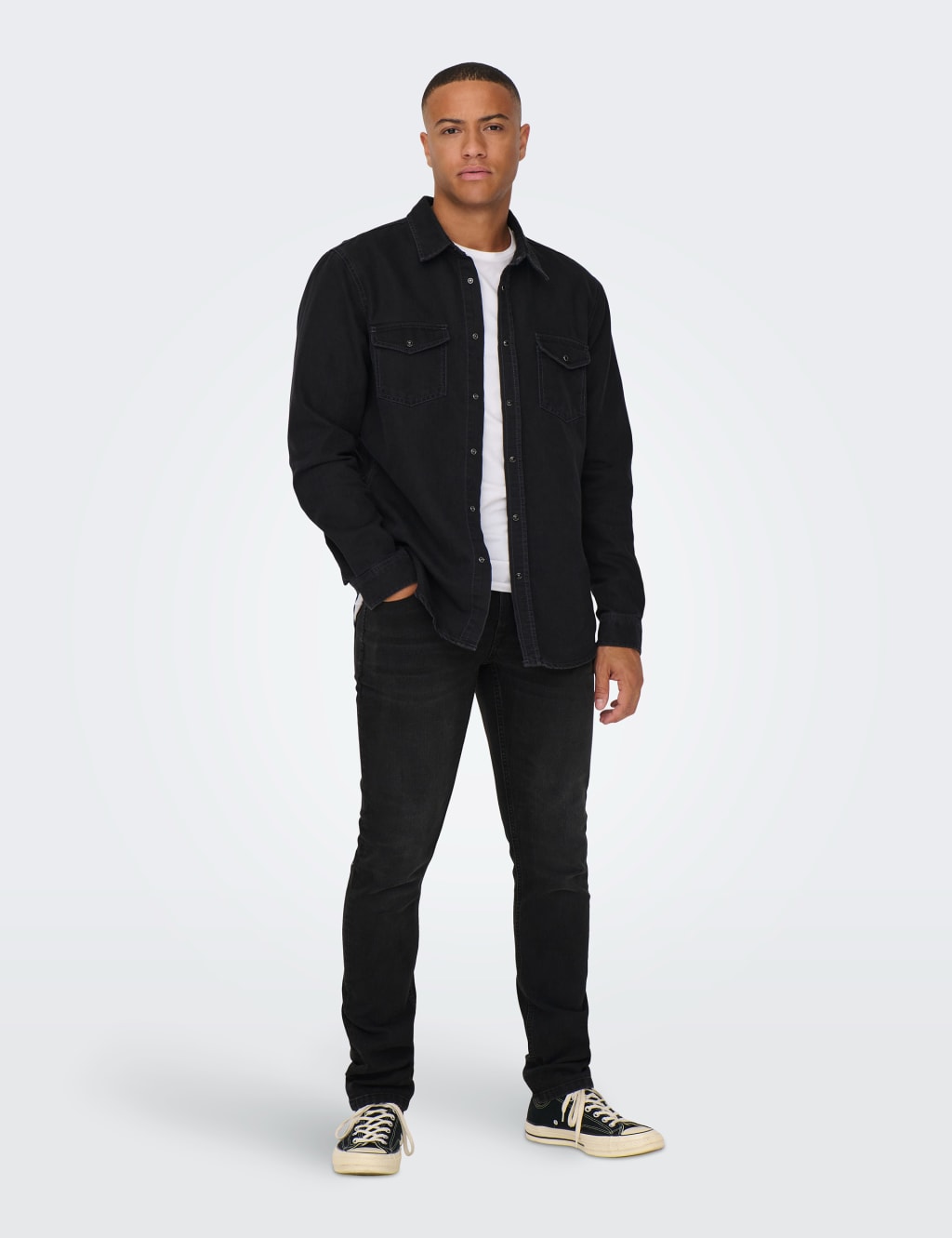 Black denim shirt outfit men sales