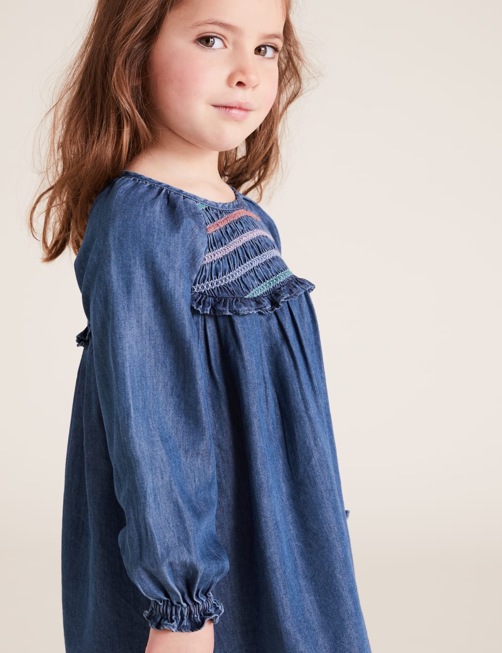 DARK DENIM DRESS W/SMOCKED TOP