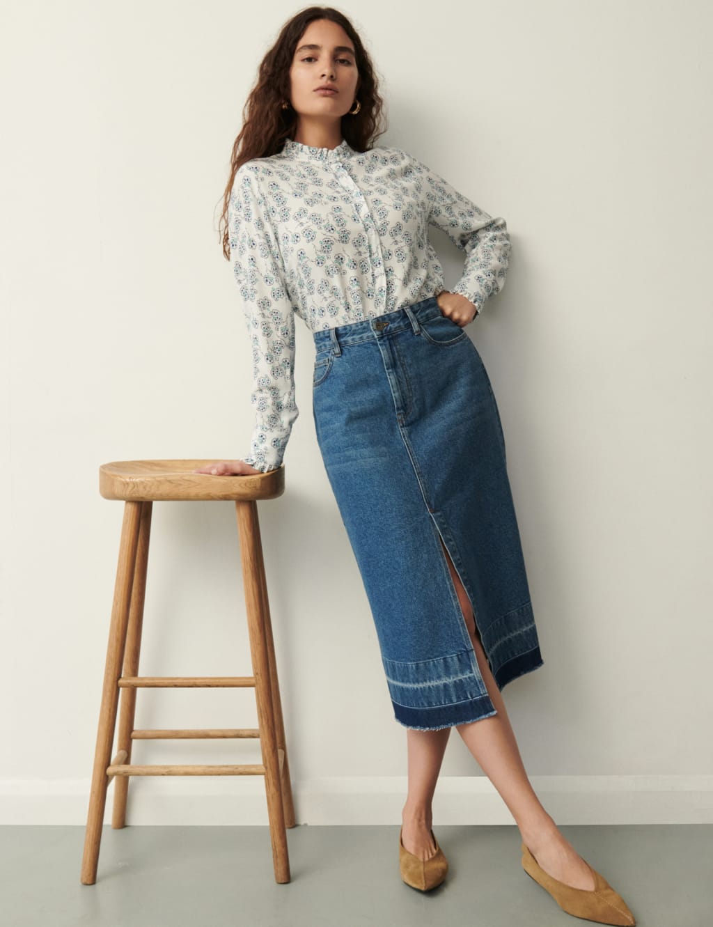 Denim Split Front Midi A-Line Skirt 3 of 3