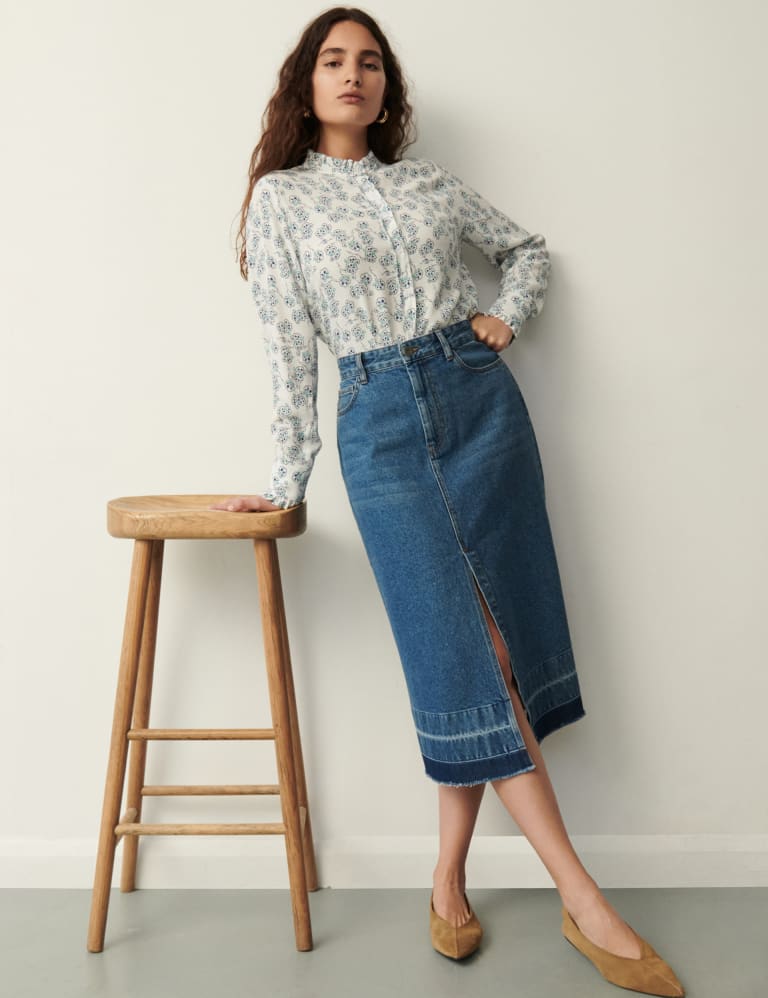 Denim Split Front Midi A-Line Skirt 1 of 3