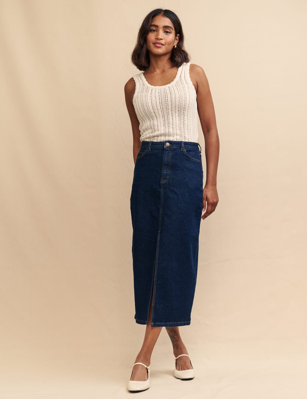 Denim Split Front Midi Column Skirt 3 of 5