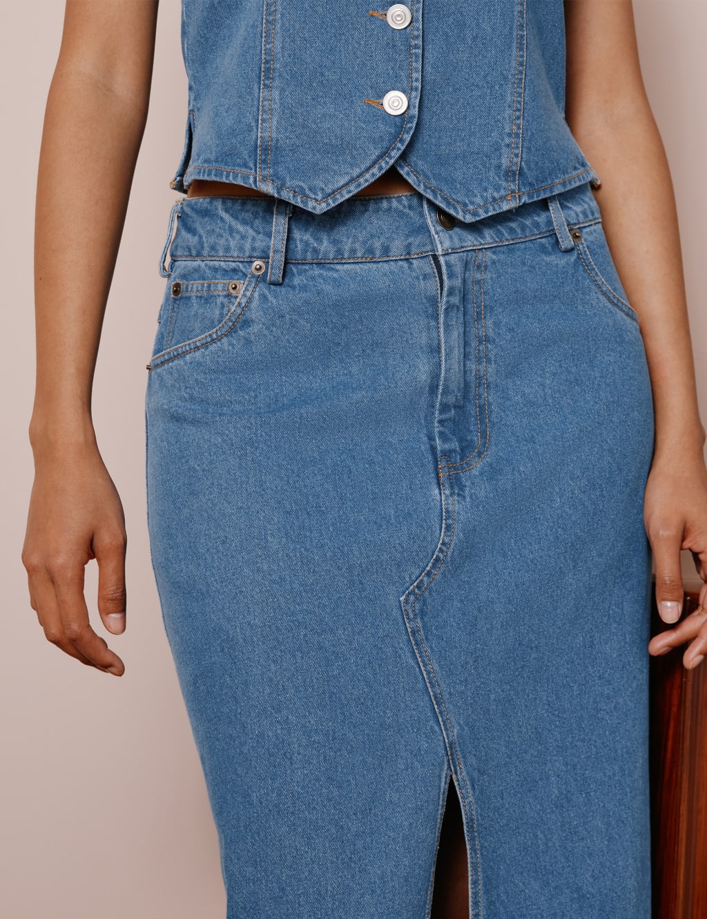 Denim Split Front Midi Skirt 4 of 5