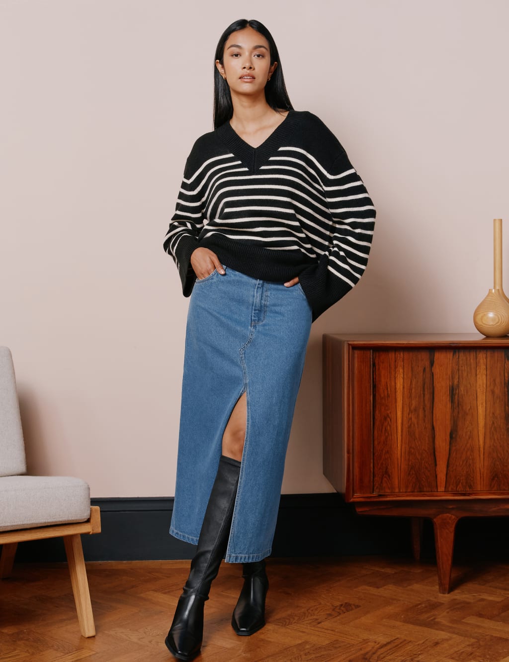 Prps split-front a-line deals denim midi skirt