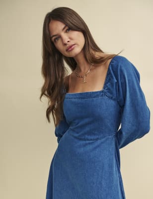 Square neck denim clearance dress