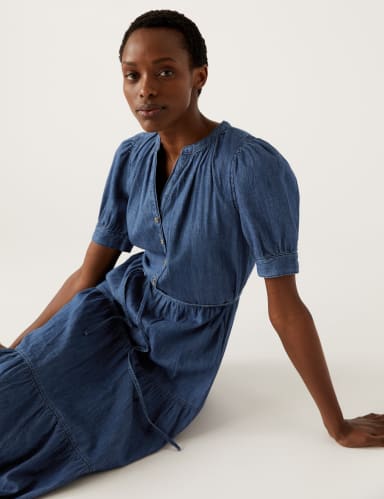 Denim V-Neck Button Front Midi Tiered Dress 1 of 7