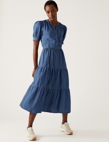 Denim V-Neck Button Front Midi Tiered Dress 4 of 7