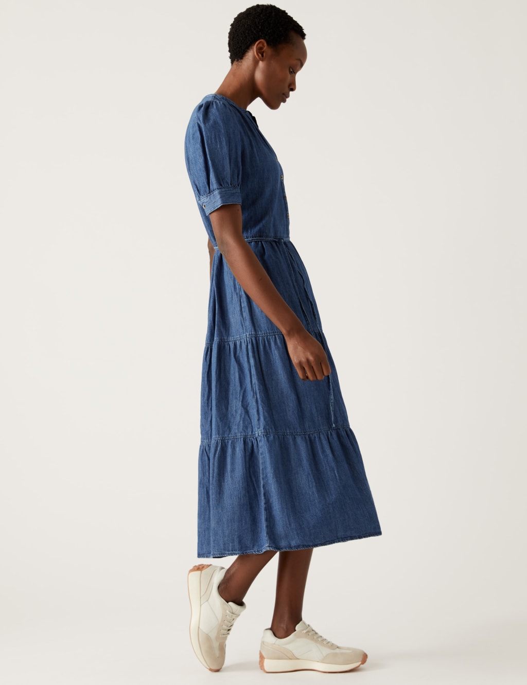 Denim V-Neck Button Front Midi Tiered Dress 5 of 7